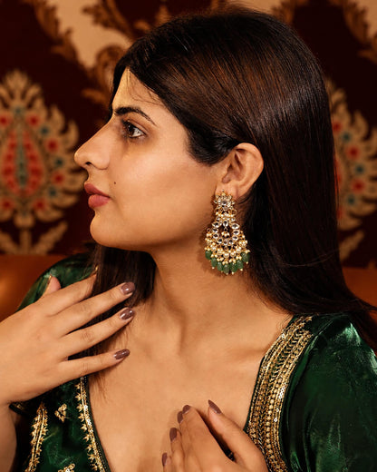 Handmade Jadau Chandbali Earrings, Gold Plated Polki Earrings, Green Bead Bridal Jewelry, Indian Ethnic Statement Earrings