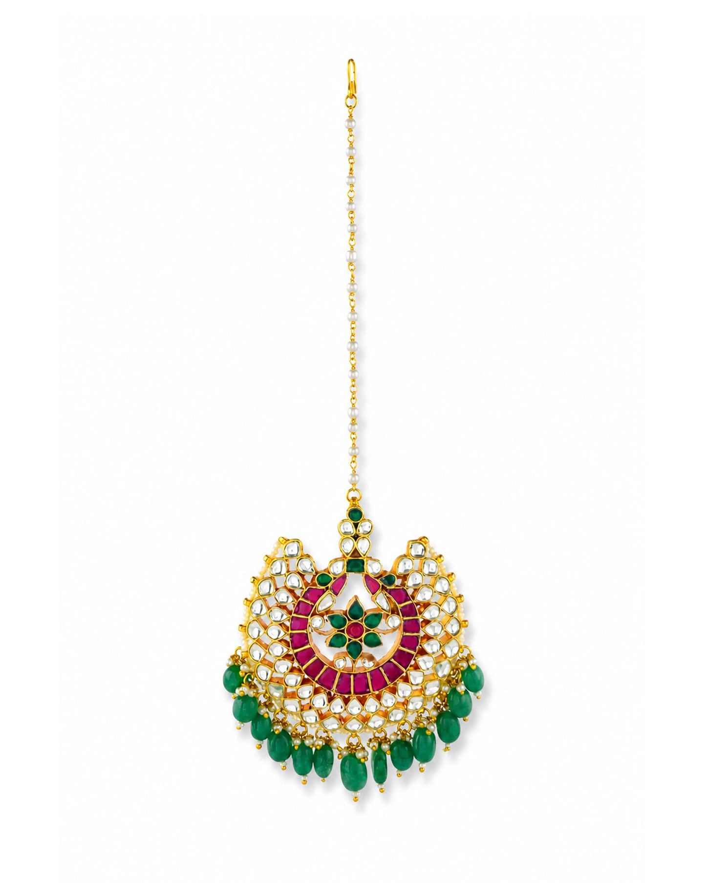 Bridal Maang Tikka Headpiece, Kundan Pearl Forehead Jewelry, Green Bridal Headpiece for Wedding, South Asian Bride Accessory