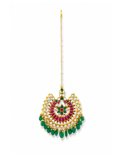 Bridal Maang Tikka Headpiece, Kundan Pearl Forehead Jewelry, Green Bridal Headpiece for Wedding, South Asian Bride Accessory