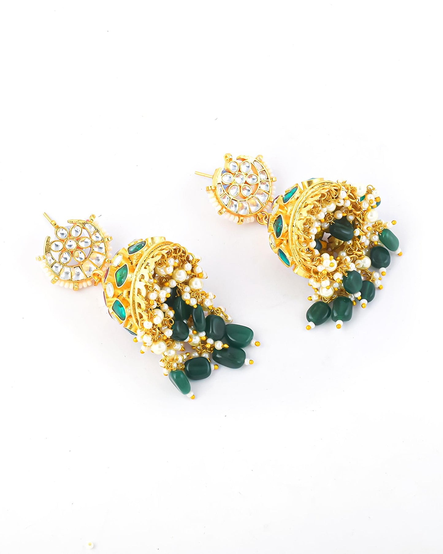 Jadau Jhumka Earrings with Polki Stones, Green Beads, Traditional Indian Bridal Jewelry, Gold Plated Ethnic Earrings for Women Gifts