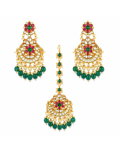 Royal Kundan Polki Bridal Necklace Earrings Set with Green Beads & Maang Tikka  Traditional Indian Wedding Jewelry