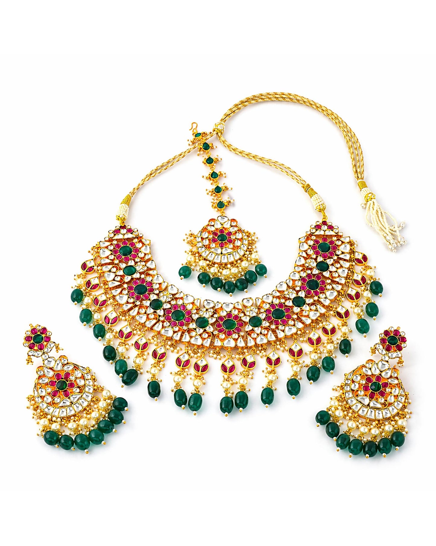 Royal Kundan Polki Bridal Necklace Earrings Set with Green Beads & Maang Tikka  Traditional Indian Wedding Jewelry