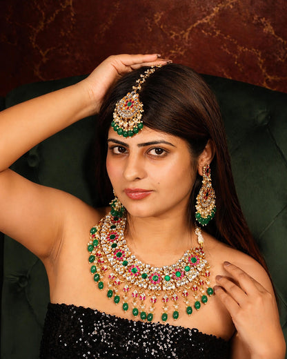 Royal Kundan Polki Bridal Necklace Earrings Set with Green Beads & Maang Tikka  Traditional Indian Wedding Jewelry