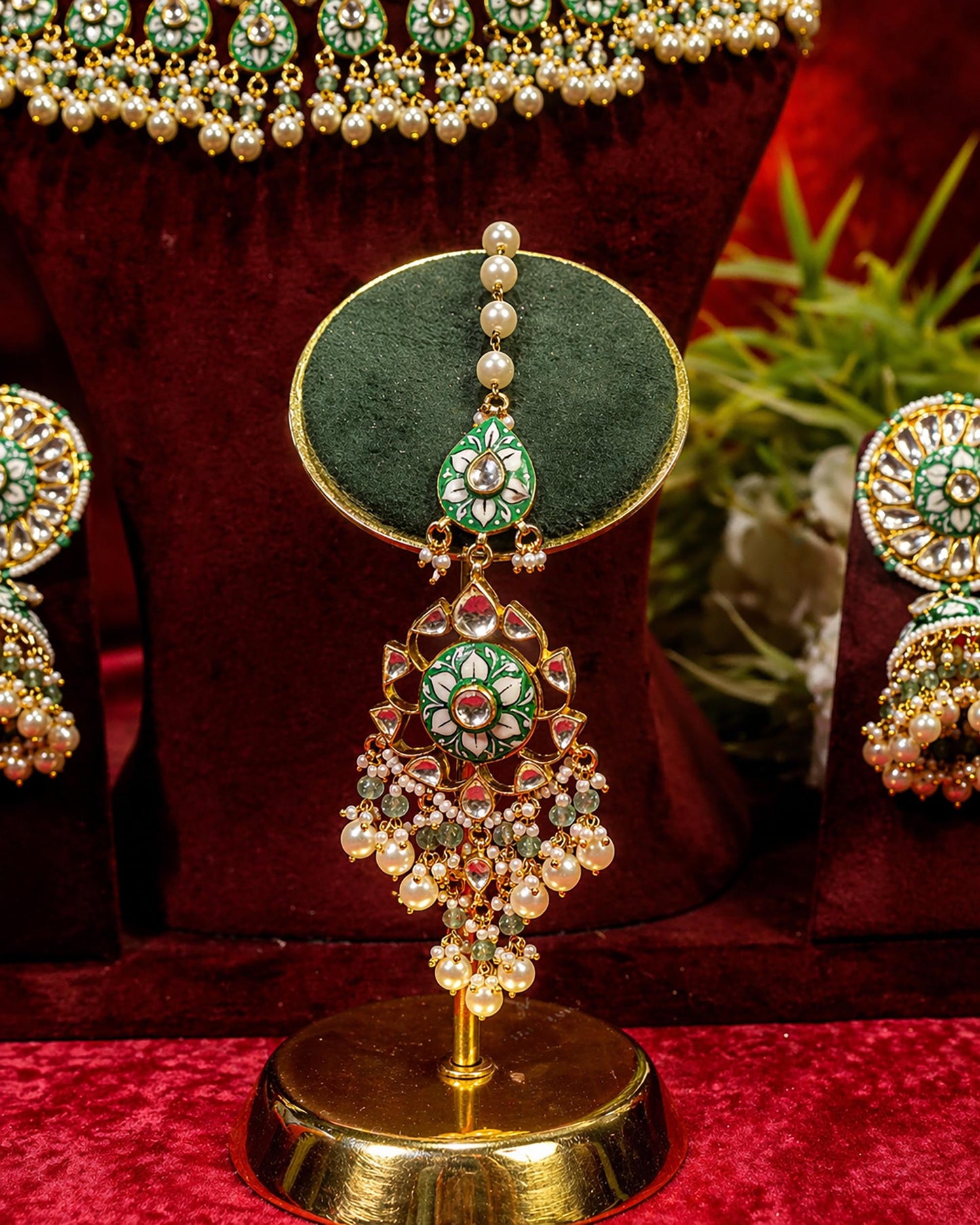 Royal Kundan Polki Bridal Necklace Earrings Set with Green Beads & Maang Tikka  Traditional Indian Wedding Jewelry
