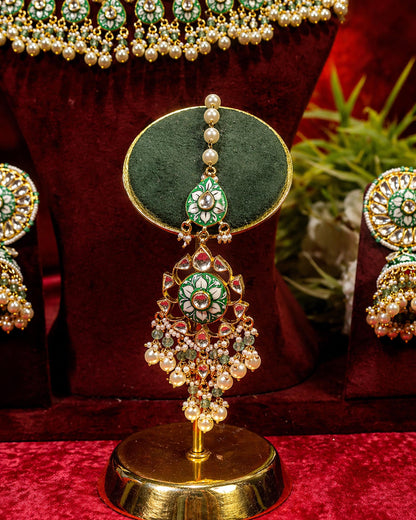 Royal Kundan Polki Bridal Necklace Earrings Set with Green Beads & Maang Tikka  Traditional Indian Wedding Jewelry
