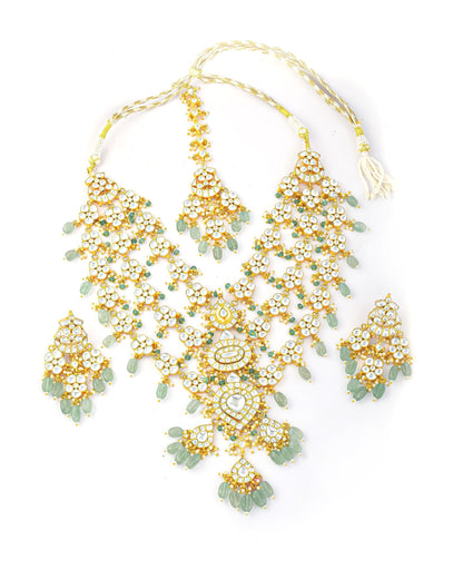 Luxury Polki Kundan Bridal Necklace Set, Green Beaded Indian Wedding Jewelry, Gold Plated Pakistani Bridal Haar, Statement Ethnic Necklace