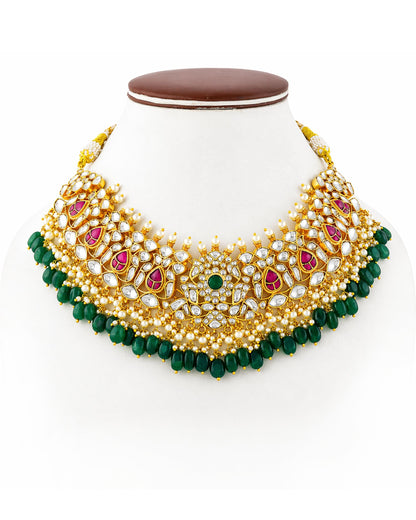 Gold Plated Kundan Bridal Necklace Set with Maang Tikka & Chandbali Earrings, Indian Wedding Jewelry Set, Green Beads Rani Pink Polki Choker