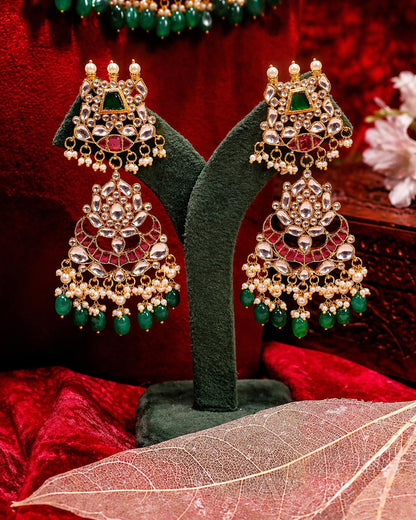 Gold Plated Kundan Bridal Necklace Set with Maang Tikka & Chandbali Earrings, Indian Wedding Jewelry Set, Green Beads Rani Pink Polki Choker