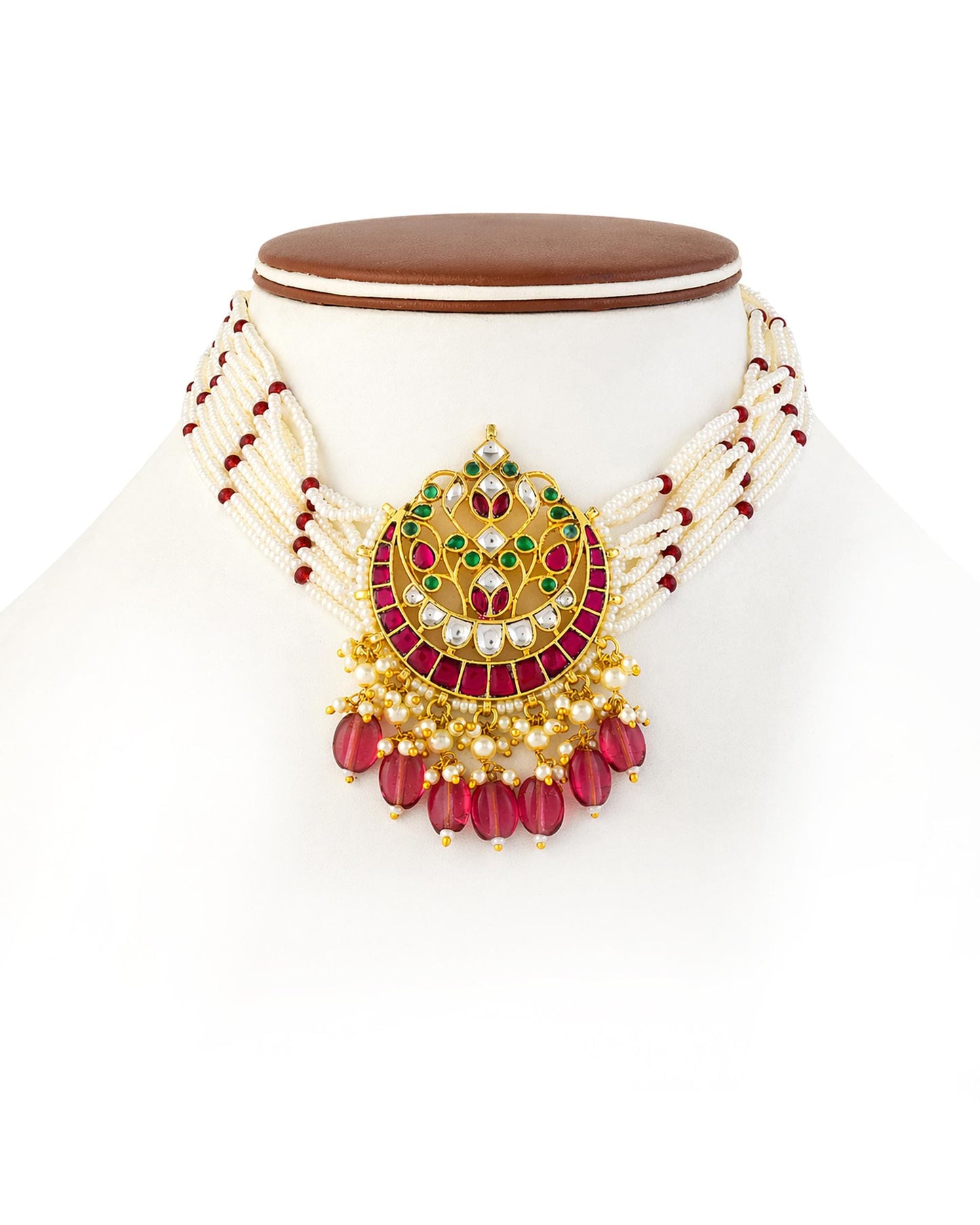 Pink Kundan Choker Necklace Set, White Pearl Multi Layer Necklace, Traditional Indian Wedding Jewelry, Meenakari Jewelry Set