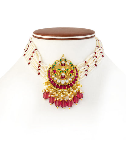 Pink Kundan Choker Necklace Set, White Pearl Multi Layer Necklace, Traditional Indian Wedding Jewelry, Meenakari Jewelry Set