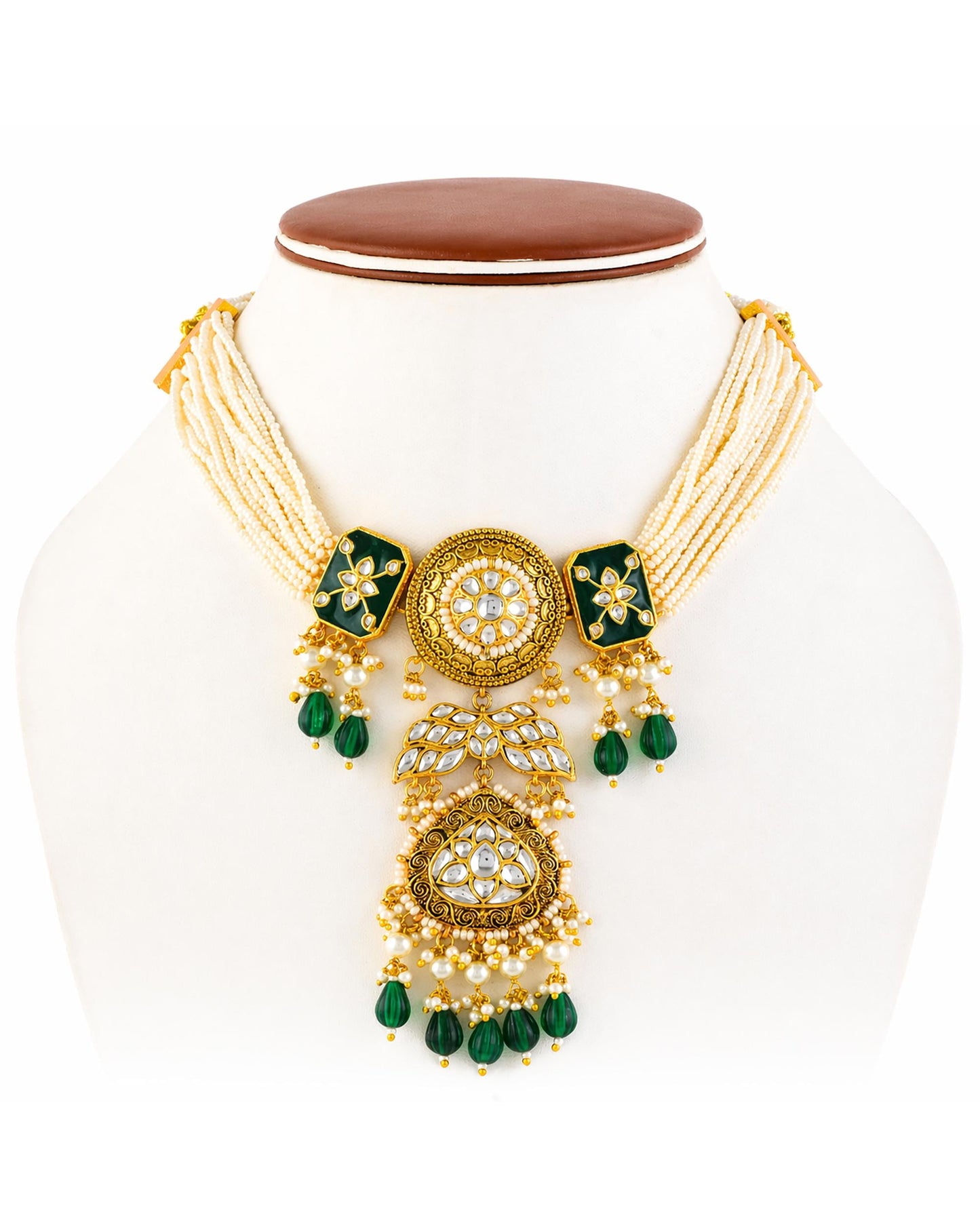 Royal Green Kundan Pearl Bridal Necklace Set, Indian Wedding Jewelry Set, Traditional Meenakari Choker with Earrings, Bridal Necklace
