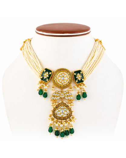 Royal Green Kundan Pearl Bridal Necklace Set, Indian Wedding Jewelry Set, Traditional Meenakari Choker with Earrings, Bridal Necklace