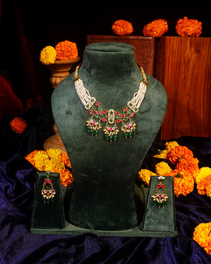Kundan Pearl Choker Set, Indian Bridal Jewelry, Red Green Ethnic Choker, Traditional Wedding Necklace with Earrings, Navratri Jewelry