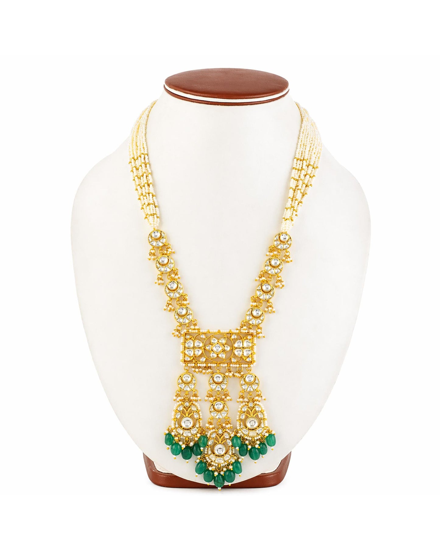Long Kundan Pearl Pendant Necklace Set, Green Beaded Bridal Jewelry, Indian Wedding Jewelry, Ethnic Polki Necklace Earrings Maang Tikka