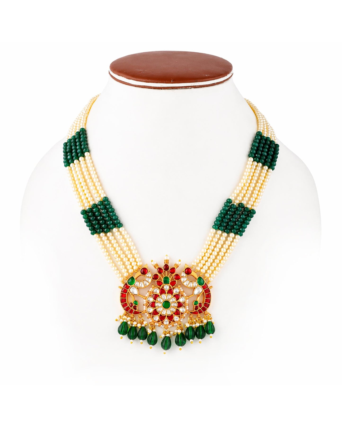 Handmade Long Pendant Necklace Set, Indian Pearl Mala Jewelry, Kundan Bridal Necklace, Ethnic Wedding Jewelry Set, Green Red Pendant Set