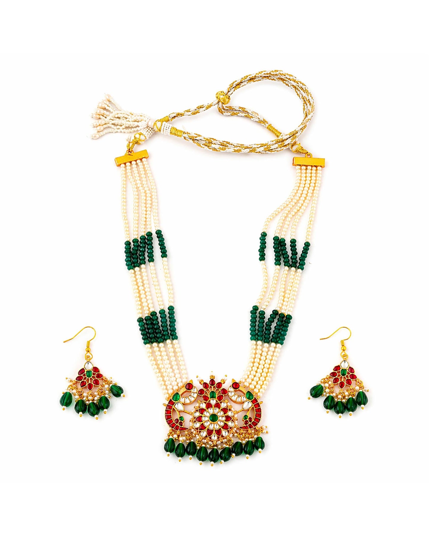 Handmade Long Pendant Necklace Set, Indian Pearl Mala Jewelry, Kundan Bridal Necklace, Ethnic Wedding Jewelry Set, Green Red Pendant Set