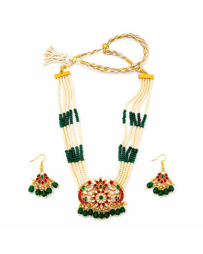 Handmade Long Pendant Necklace Set, Indian Pearl Mala Jewelry, Kundan Bridal Necklace, Ethnic Wedding Jewelry Set, Green Red Pendant Set