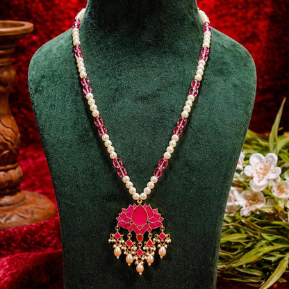 Pink Lotus Pearl Beads Long Pendant Necklace Set, Indian Bridal Jewelry, Kundan Ethnic Necklace, Lotus Pendant Jewelry, Wedding Pearl Mala