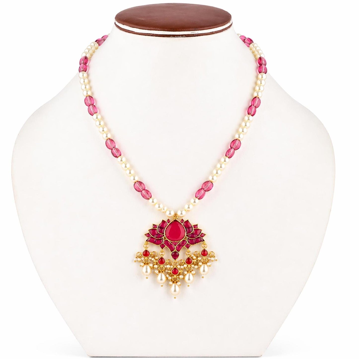 Pink Lotus Pearl Beads Long Pendant Necklace Set, Indian Bridal Jewelry, Kundan Ethnic Necklace, Lotus Pendant Jewelry, Wedding Pearl Mala