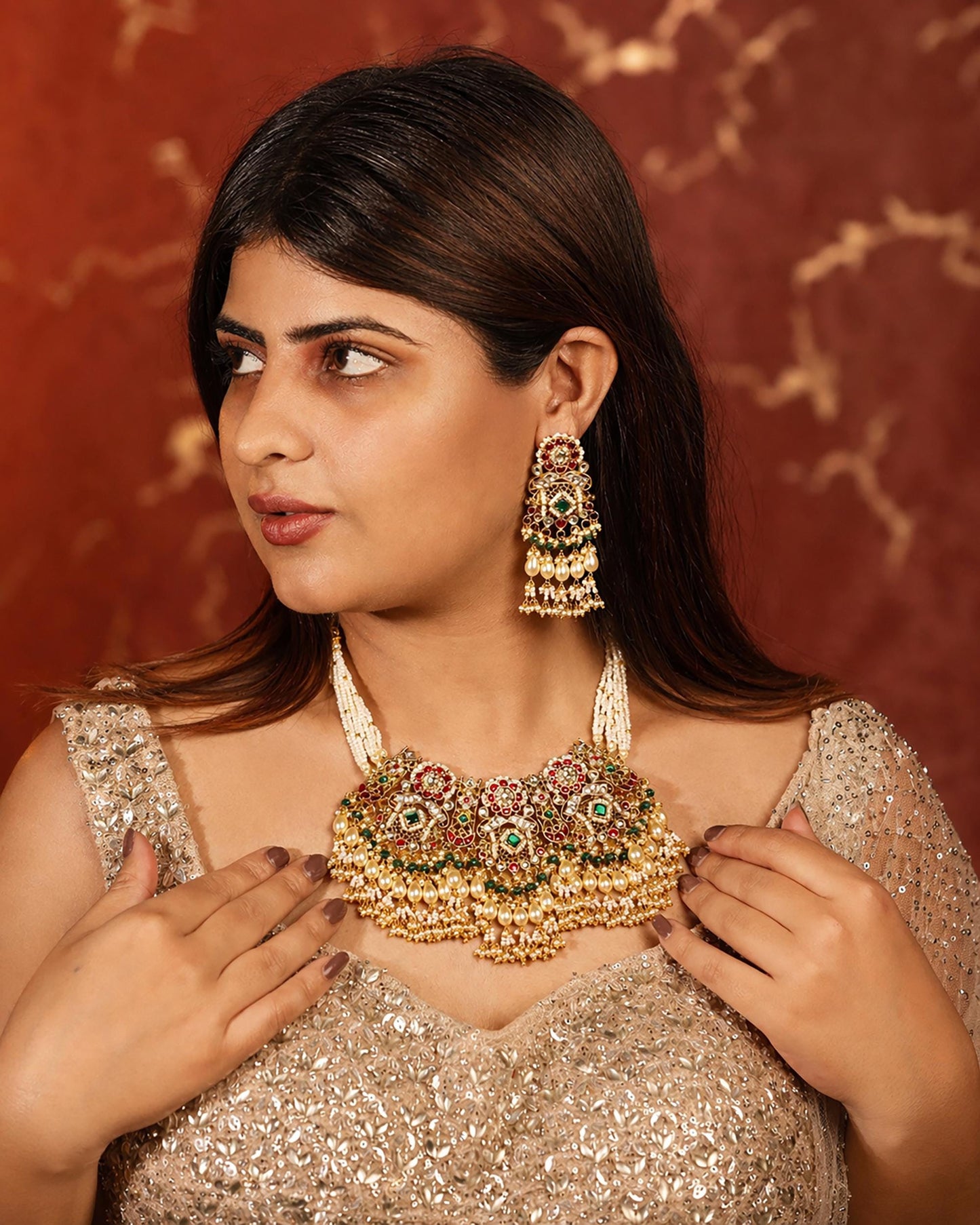 Gold Plated Green Beads and Pink Stone Bridal Necklace Set, Indian Wedding Jewelry, Kundan Ethnic Necklace, Traditional Bridal Jewelry Set