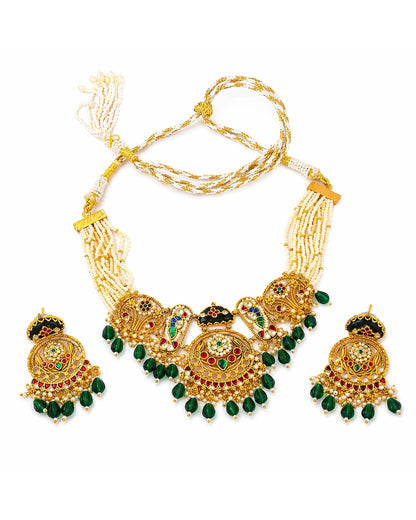 Elegant Pearl Beaded Choker Necklace Set Jewelry  Gold Plated Ethnic Bridal Jewelry Gift for her