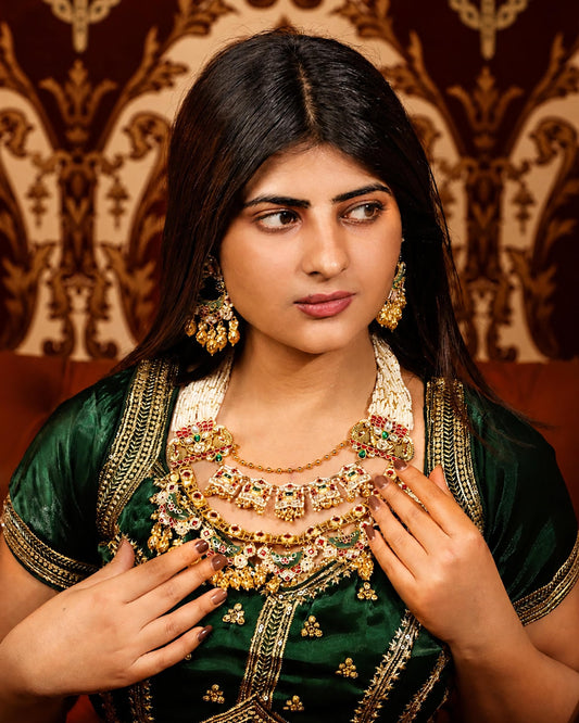 Traditional Indian Temple Necklace Set, Handmade Bridal Jewelry Set, Gold Tone Beaded Choker, Ethnic Statement Necklace with Earrings