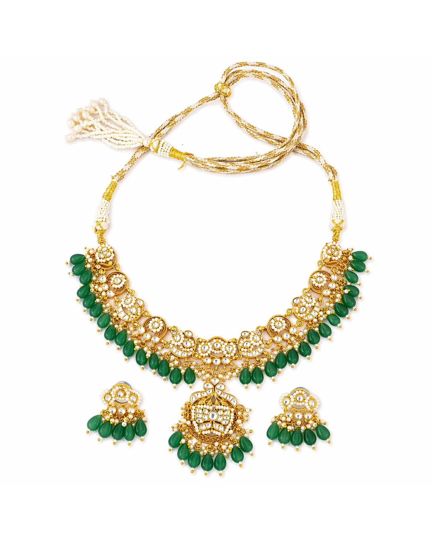 Green Beads Kundan Necklace Set, Gold Plated Indian Bridal Jewelry, Traditional Polki Choker Set with Earrings & PendantWedding Necklace