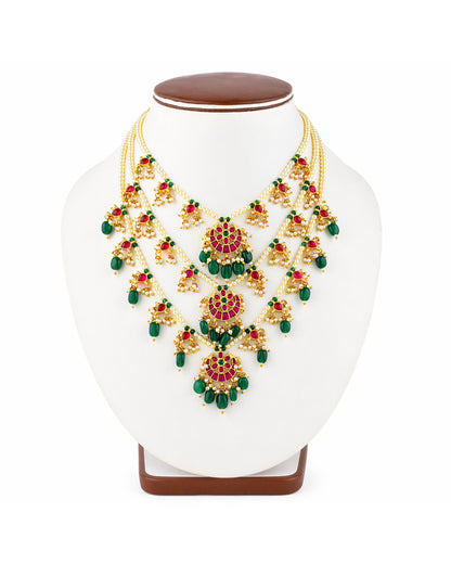 South Indian Temple Jewelry Set Gold Plated Green Bead Necklace Set, Pink Kemp Stone Bridal Haram Set, Traditional Indian Wedding Jewelry