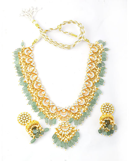 Kundan Choker Necklace Set Gold Plated Green Bead Bridal Jewelry, Indian Wedding Necklace Set with Jhumka Earrings, Ethnic Jewelry