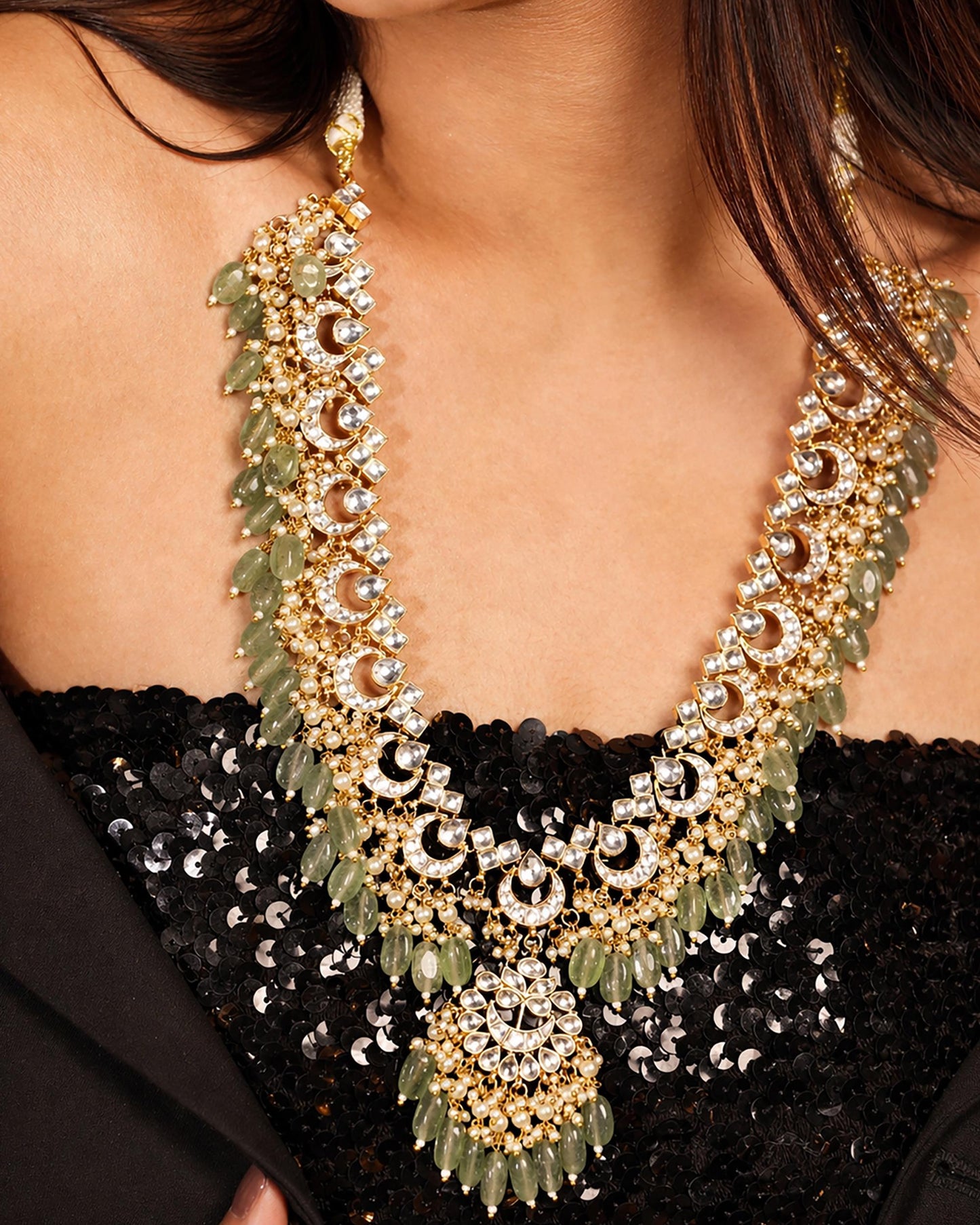 Kundan Choker Necklace Set Gold Plated Green Bead Bridal Jewelry, Indian Wedding Necklace Set with Jhumka Earrings, Ethnic Jewelry
