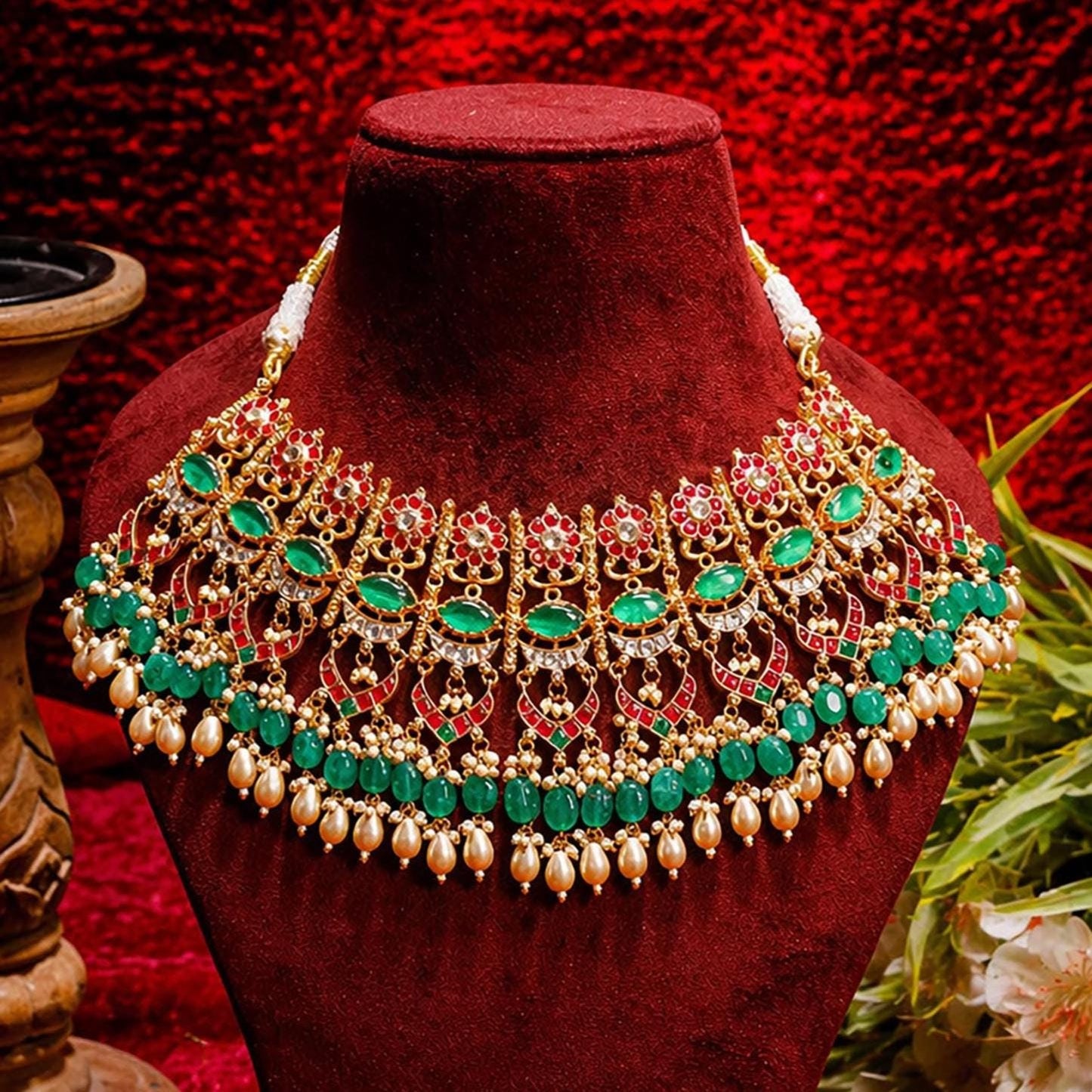 Green Kundan Choker Necklace Set, Indian Bridal Jewelry Set, Gold Plated Pearl Necklace, Pakistani Wedding Jewelry, Statement Choker Gifts