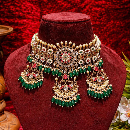 Bridal Kundan Choker Necklace Set with Earrings, Green Beads Polki Jewelry, Indian Wedding Gold Choker, Traditional Ethnic Bridal Jewelry