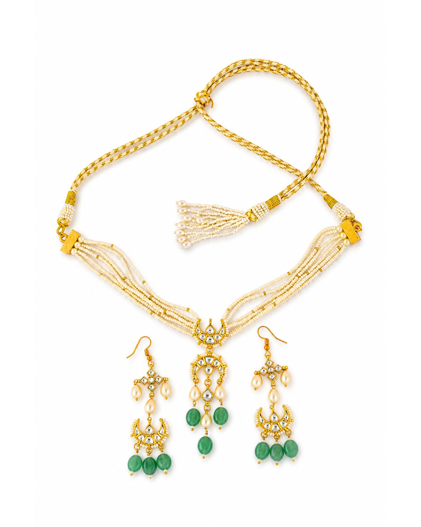 Pearl Choker Necklace Set, Indian Bridal Jewelry, Green Bead Choker, Ethnic Wedding Jewelry, Gold Plated Necklace Set