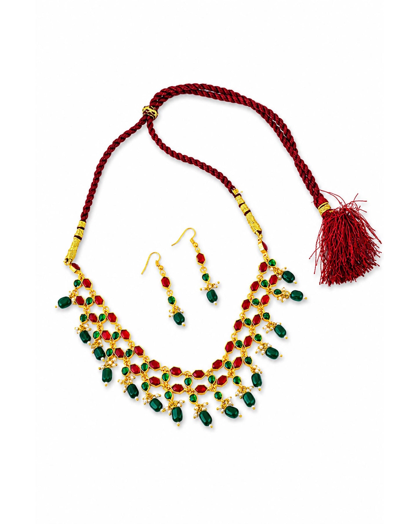 Handmade Afghan Kuchi Necklace Set, Tribal Boho Statement Jewelry, Red Green Beaded Choker Necklace with Earrings, Festival Jewelry Gift