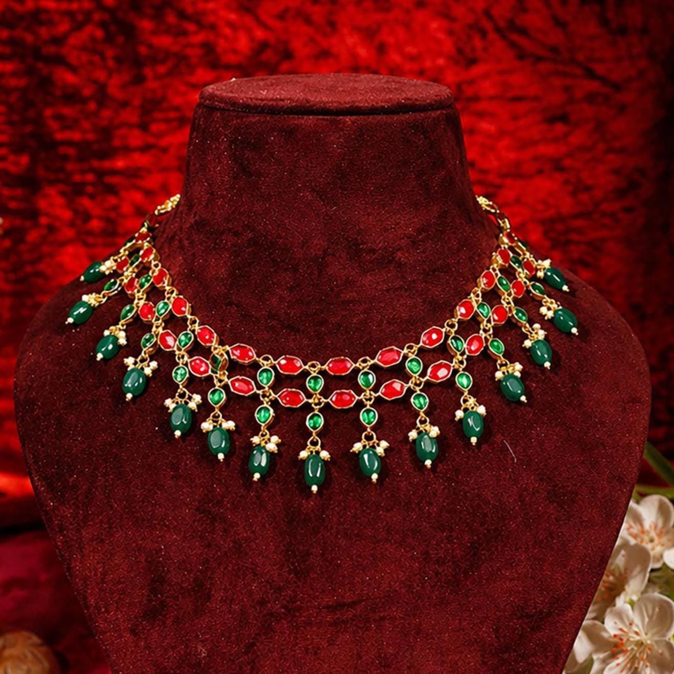 Handmade Afghan Kuchi Necklace Set, Tribal Boho Statement Jewelry, Red Green Beaded Choker Necklace with Earrings, Festival Jewelry Gift
