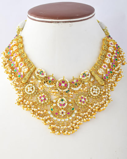 Kundan Bridal Choker Necklace Set with Earrings, Gold Indian Wedding Jewelry, Pearl Drop Choker Set, Traditional Polki Necklace