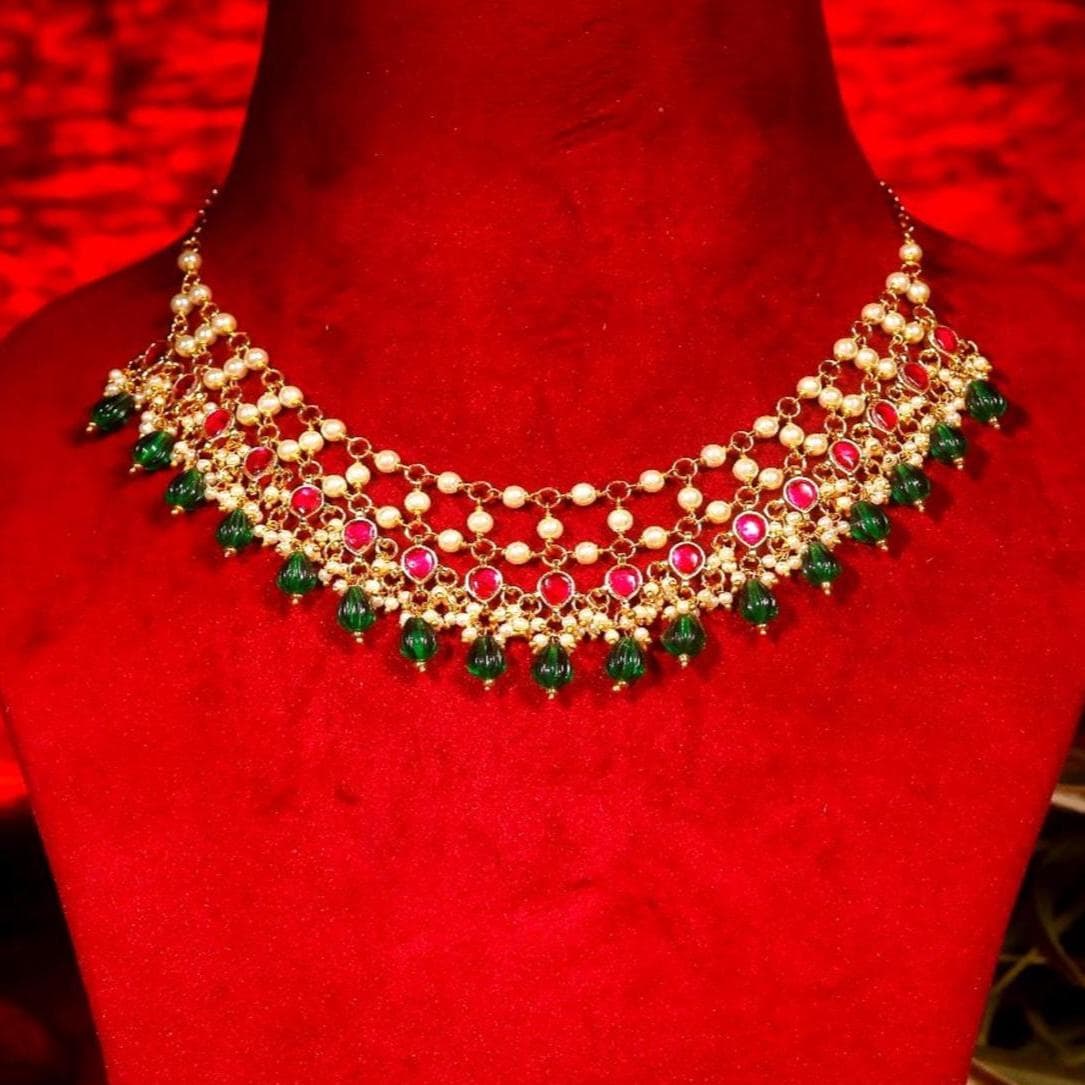 Kundan Pearl Necklace Set, Green Red Bridal Jewelry, Indian Wedding Necklace, Gold Plated Ethnic Jewelry