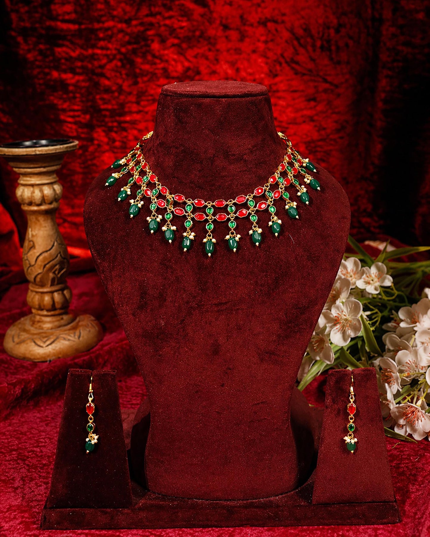 Kundan Pearl Necklace Set, Green Red Bridal Jewelry, Indian Wedding Necklace, Gold Plated Ethnic Jewelry