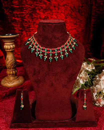 Kundan Pearl Necklace Set, Green Red Bridal Jewelry, Indian Wedding Necklace, Gold Plated Ethnic Jewelry