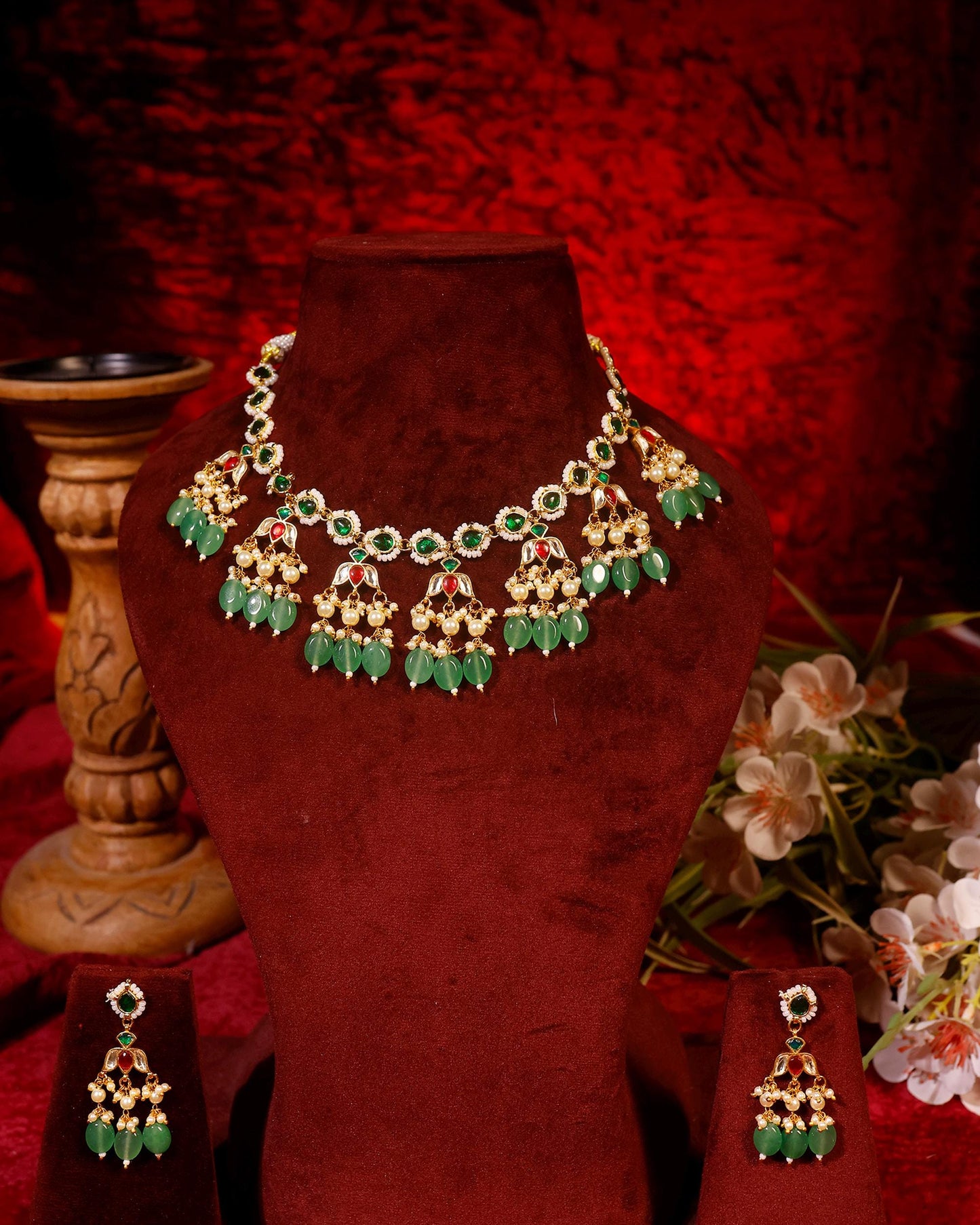 Kundan Green Stone Necklace Set with Earrings, Indian Bridal Jewelry Set, Gold Choker Necklace, Wedding Jewelry, Pearl Drop Ethnic Set