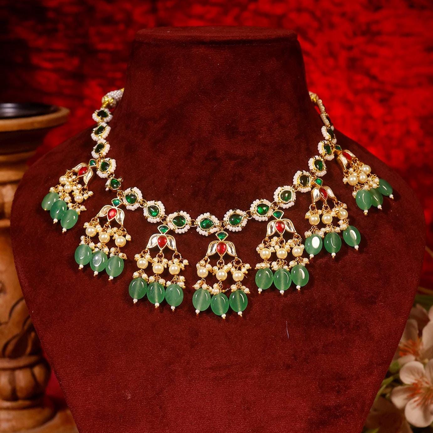 Kundan Green Stone Necklace Set with Earrings, Indian Bridal Jewelry Set, Gold Choker Necklace, Wedding Jewelry, Pearl Drop Ethnic Set