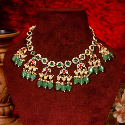 Kundan Green Stone Necklace Set with Earrings, Indian Bridal Jewelry Set, Gold Choker Necklace, Wedding Jewelry, Pearl Drop Ethnic Set