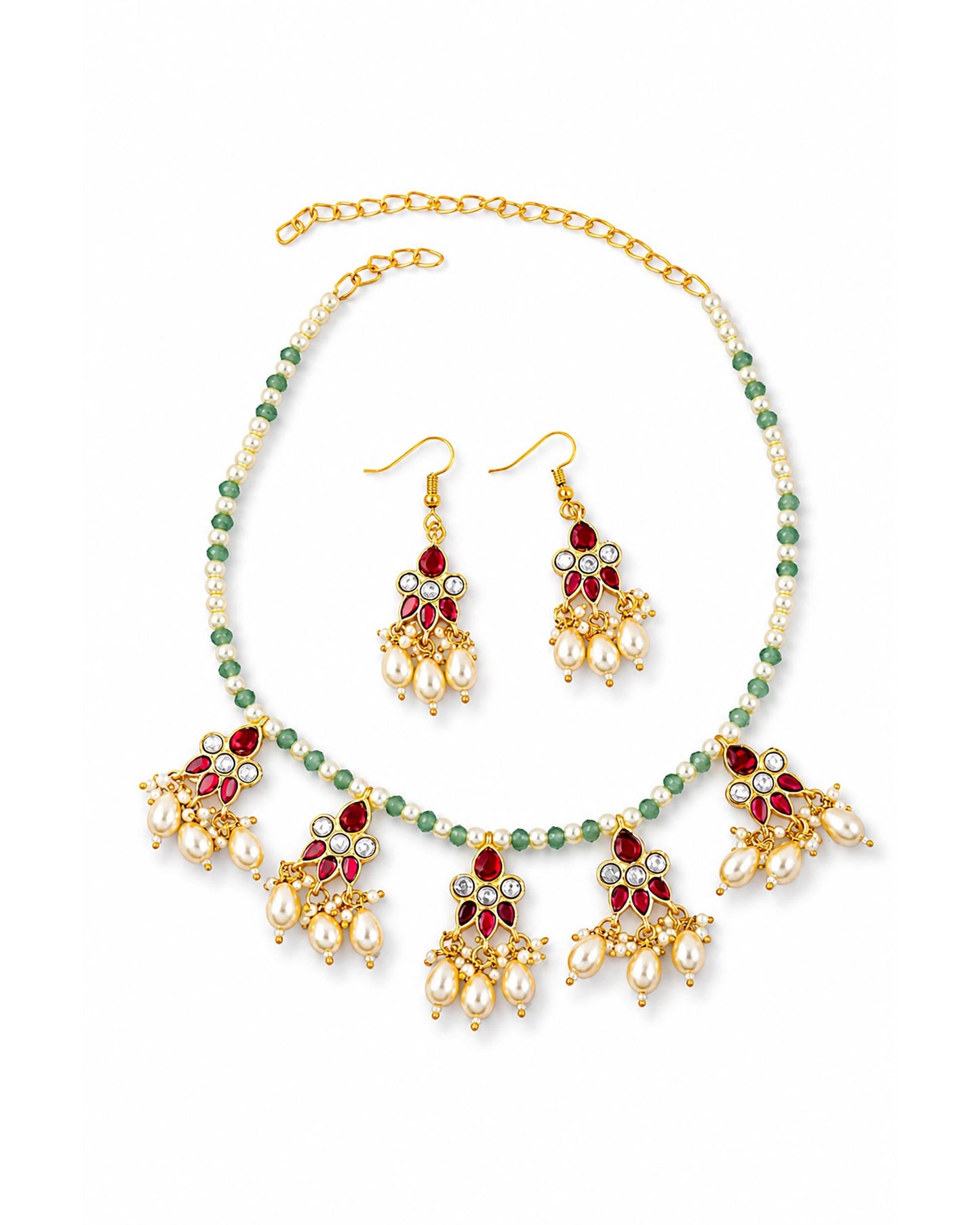 Pearl Necklace Set with Earrings, Traditional Indian Bridal Jewelry, Red Green Beaded Choker Set, Gold Plated Wedding Jewelry Gifts