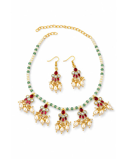 Pearl Necklace Set with Earrings, Traditional Indian Bridal Jewelry, Red Green Beaded Choker Set, Gold Plated Wedding Jewelry Gifts