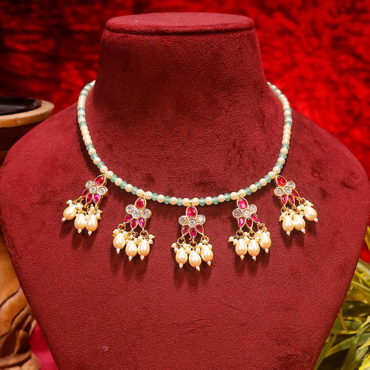 Pearl Necklace Set with Earrings, Traditional Indian Bridal Jewelry, Red Green Beaded Choker Set, Gold Plated Wedding Jewelry Gifts
