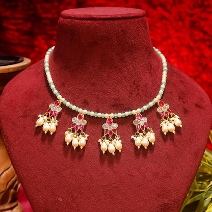 Pearl Necklace Set with Earrings, Traditional Indian Bridal Jewelry, Red Green Beaded Choker Set, Gold Plated Wedding Jewelry Gifts