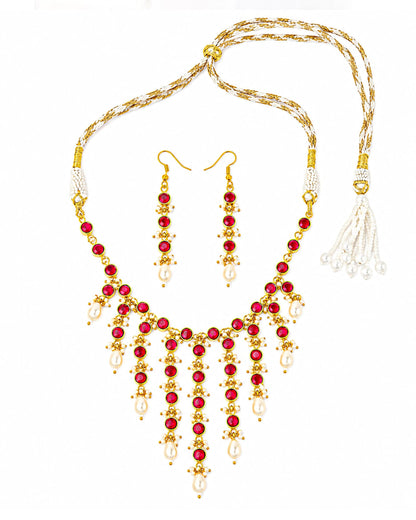 Red Stone Gold Necklace, Indian Bridal Necklace, Kundan Style Pearl Drop Necklace, Wedding Jewelry, Traditional Statement Choker