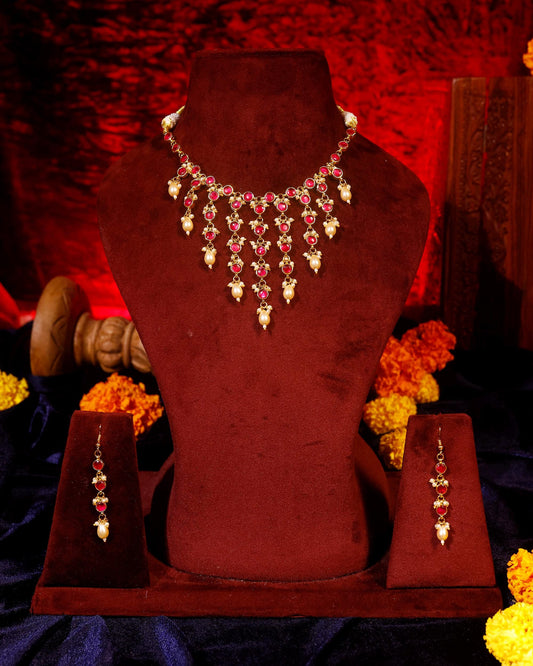 Red Stone Gold Necklace, Indian Bridal Necklace, Kundan Style Pearl Drop Necklace, Wedding Jewelry, Traditional Statement Choker