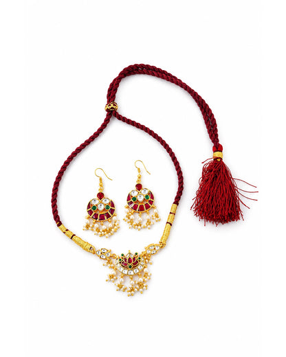 Ruby Red Thread Choker Necklace Set, Kundan Pearl Jewelry Set, Traditional Indian Necklace Earrings, Bridal Ethnic Jewelry Gift for Women