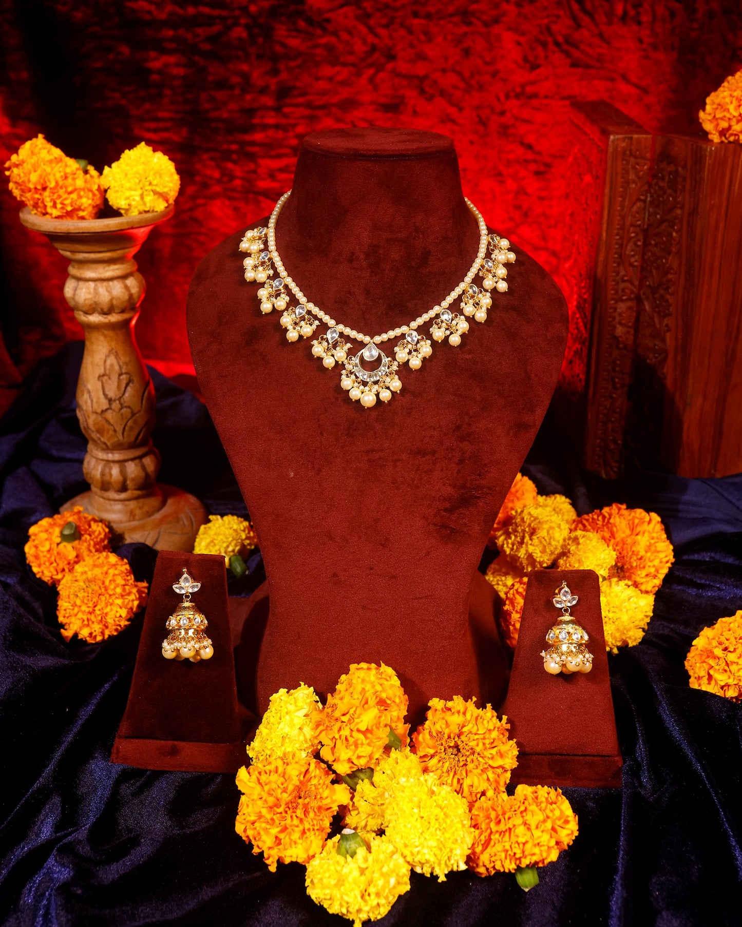 Pearl Kundan Necklace Set with Jhumka Earrings, Traditional Gold Jewelry Set, Bridal Wedding Necklace, Ethnic Pearl Jewelry Gift for Women